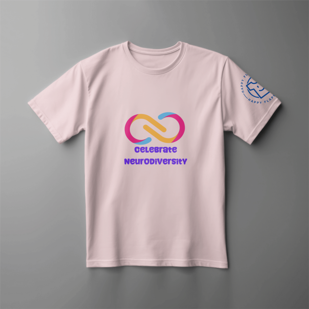 Celebrate Neurodiversity Pink Kids T-Shirt, for sale at Happy Flappy Gear