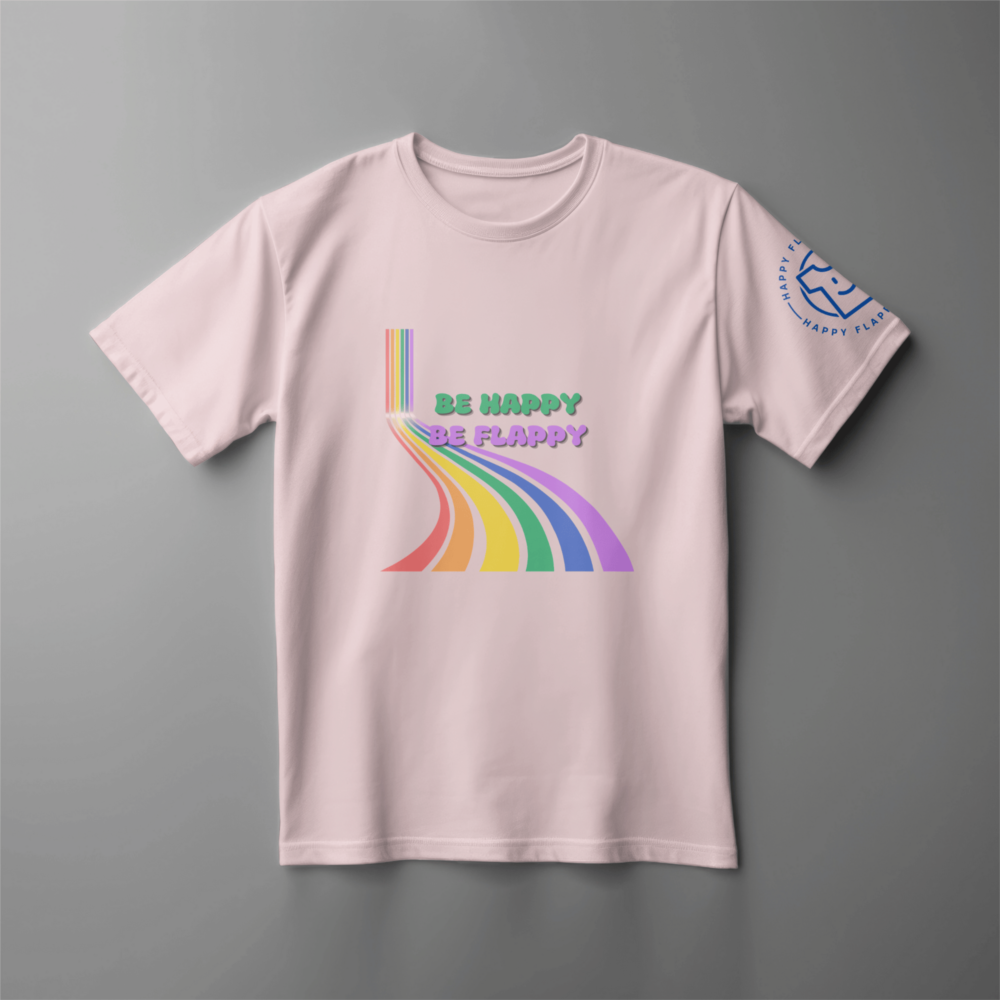 Be Happy Be Flappy Pink Kids T-Shirt, for sale at Happy Flappy Gear