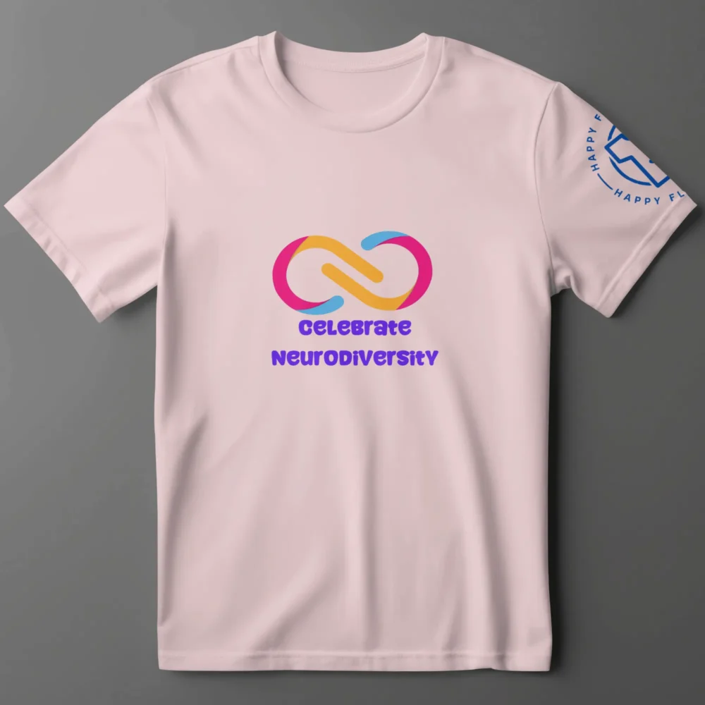Celebrate Neurodiversity Pink Adult T-Shirt, for sale at Happy Flappy Gear