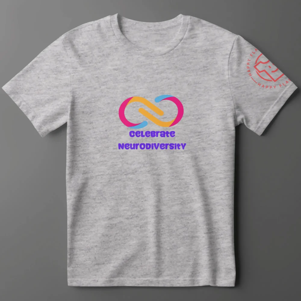 Celebrate Neurodiversity Grey Adult T-Shirt, for sale at Happy Flappy Gear